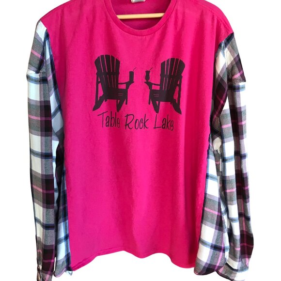 Reworked Flannel Tee, Size L-2XL: Upcycled Oversized Table Rock Lake Shirt - Picture 1 of 11